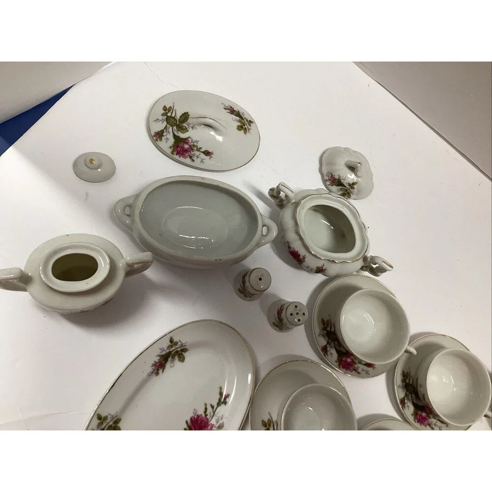 1950s vtg child tea set moss rose 28 pcs miniature bone china Japan crane